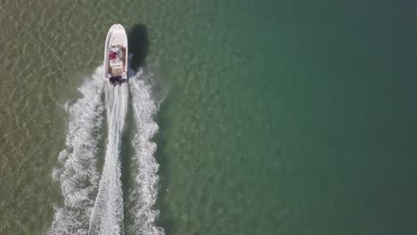 top down aerial of white speed boat wake in shallow sunny green lagoon