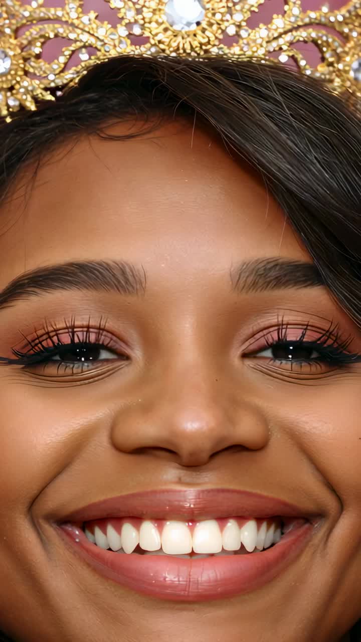 Vertical video: Camera framing woman smiling and tilting in studio, showcasing crown and lashes
