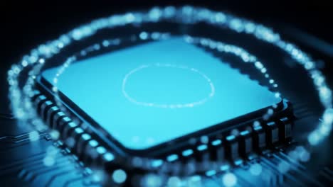 a close-up exploration of a futuristic microprocessor with energy waves circling, showcasing advanced technology and innovation in modern computing