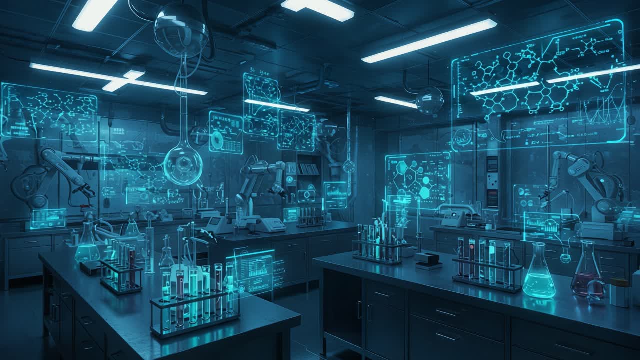 Futuristic Laboratory with High-Tech Holographic Displays and Chemical Equipment, Featuring Interactive Charts and Research Tools in a Modern Science Environment