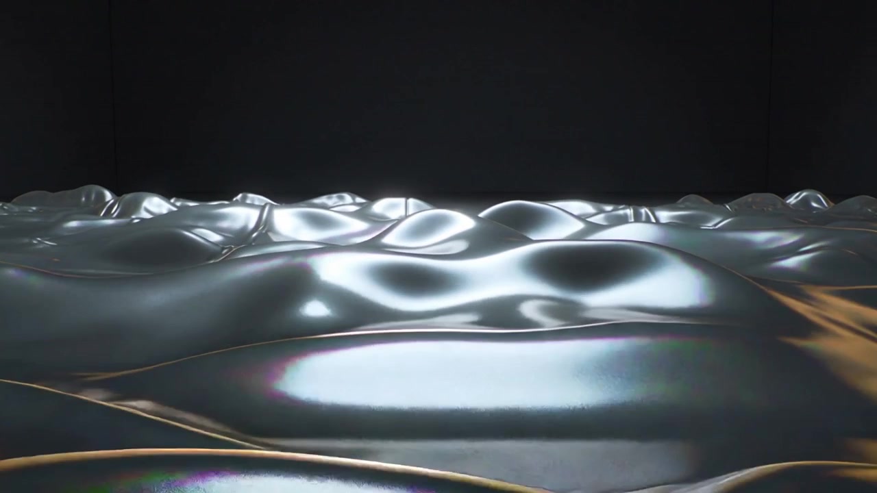 Undulating metallic membrane reacting to internal waves in dark stage, showing specular iridescence