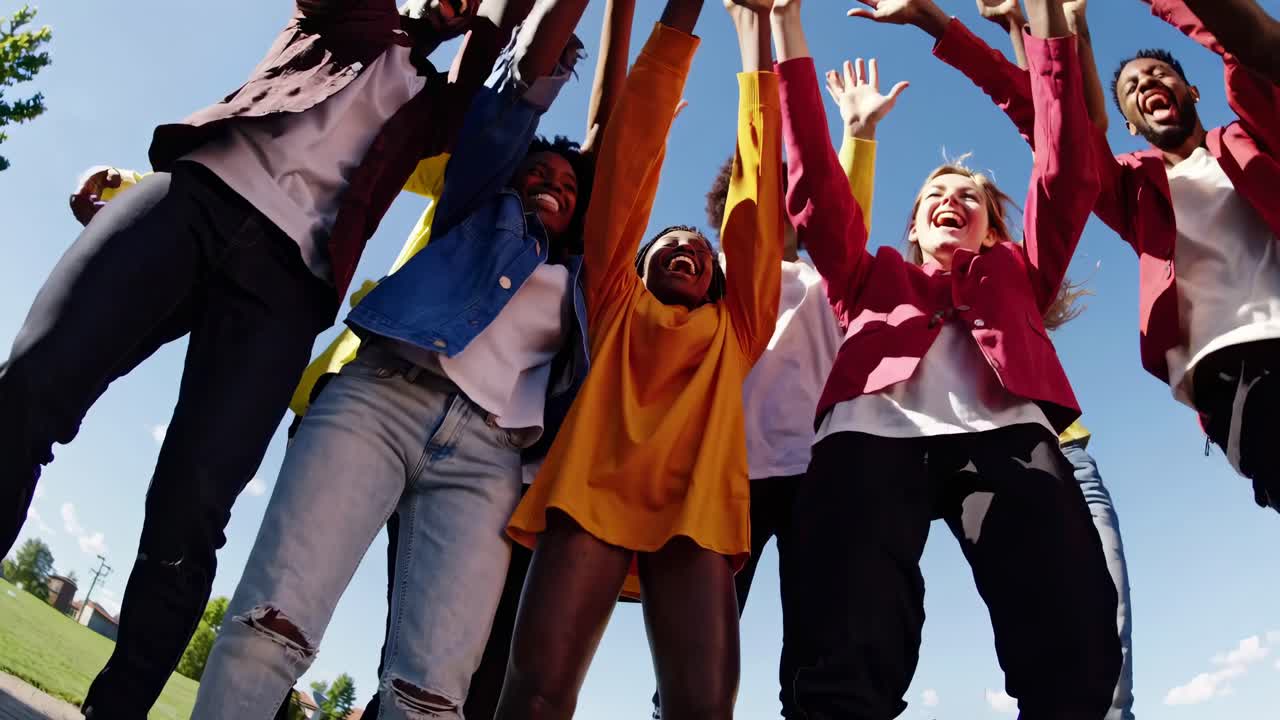 A vibrant group of friends laughing, captured from a low-angle shot against a clear sky