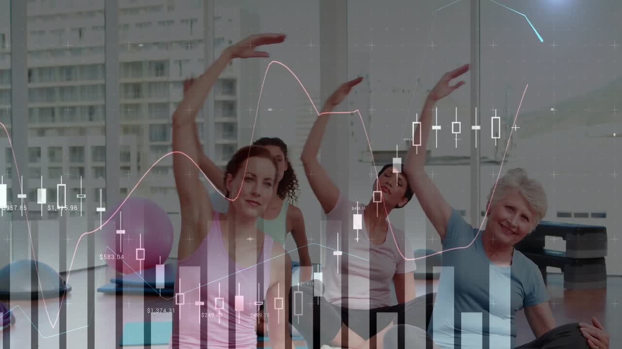 Eğitmen işaret verdiğinde, dört kadın yan esneme hareketleri yaparken şeffaf finansal grafikler havada süzülüyor.
