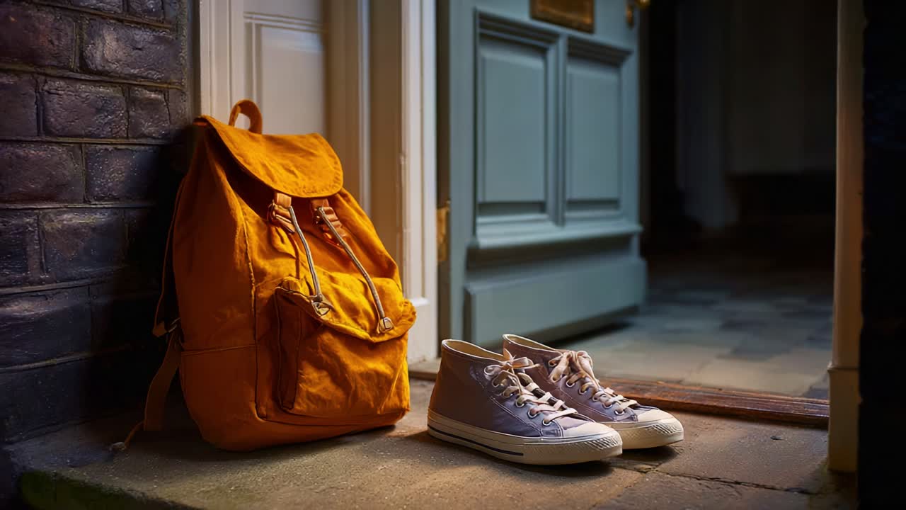 A Serene Home Entrance at Dusk Featuring an Orange Backpack and Grey Sneakers on a Welcoming Doormat Illuminated by Warm Indoor Light