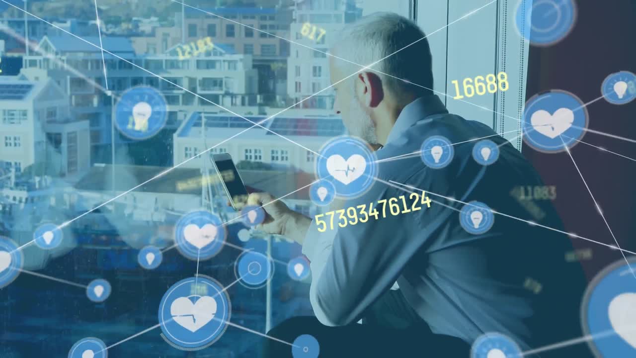 스마트 폰을 사용하는 카우카스 사업가에 대한 연결 및 데이터 처리의 애니메이션