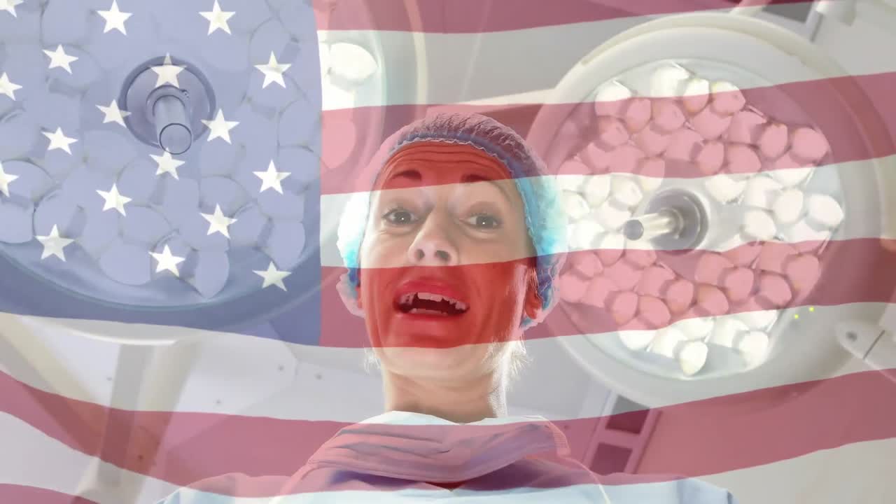 수술실에서 마취과 의사 위에 흔들리는 미국 국기의 애니메이션