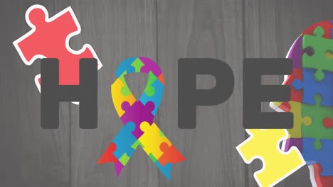 animation of hope text with ribbon formed with puzzles on grey background