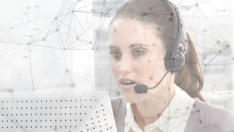 Animation-of-networks-of-connections-over-woman-wearing-phone-headset