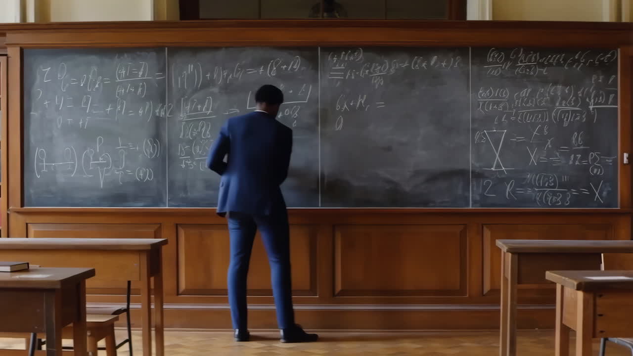 A teacher writing equations on a blackboard in a classroom