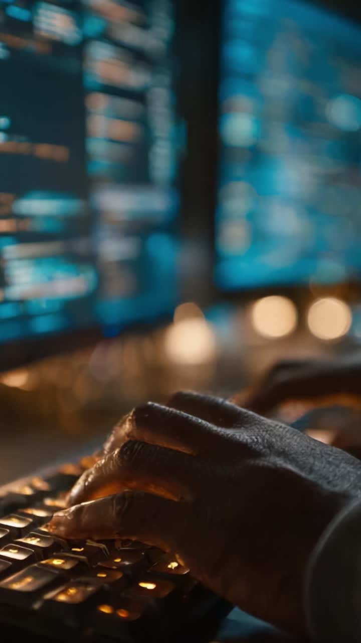 A Close-Up of Hands Skillfully Typing on a Backlit Keyboard Surrounded by Multiple Monitors Displaying Colorful Code in a Dimly Lit Environment