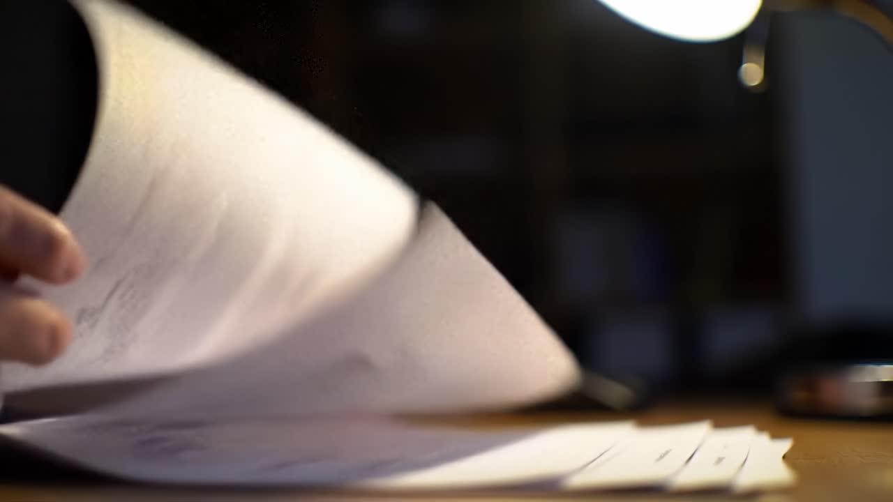 Focused Work Environment: A Person Examining Documents Under Soft Desk Lighting with Papers and a Desk Lamp in the Background