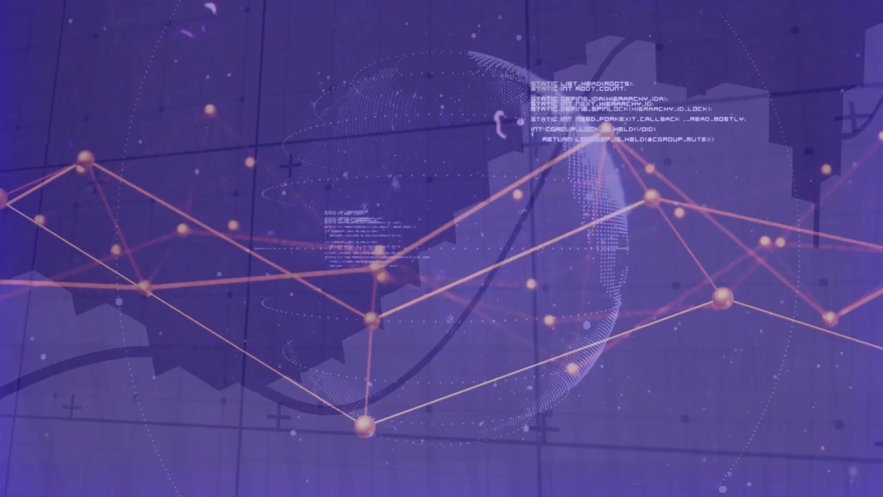 Sphere appearing on purple grid starting network forming graph and rotating globe visualizing data