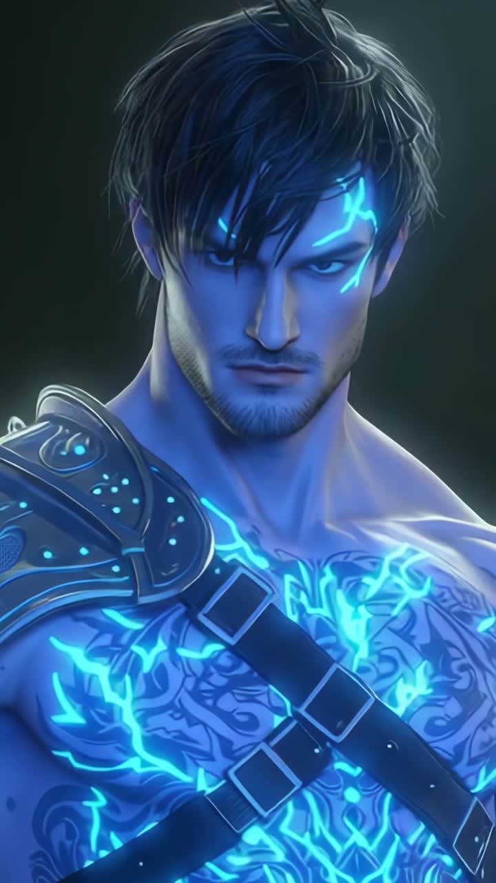 Vertical video: Intensifying glow pulling camera toward warrior in haze, with tattoos and pauldron