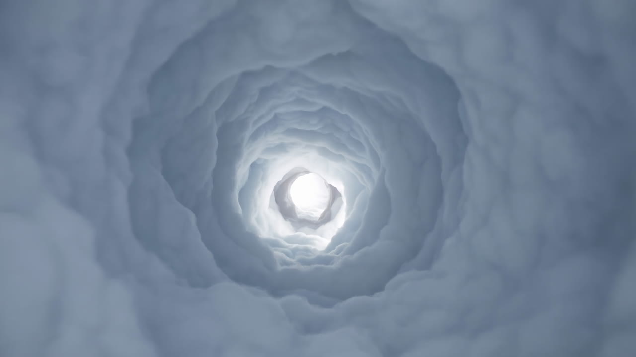 Volo attraverso un tunnel di nuvole etereo verso una luce brillante.