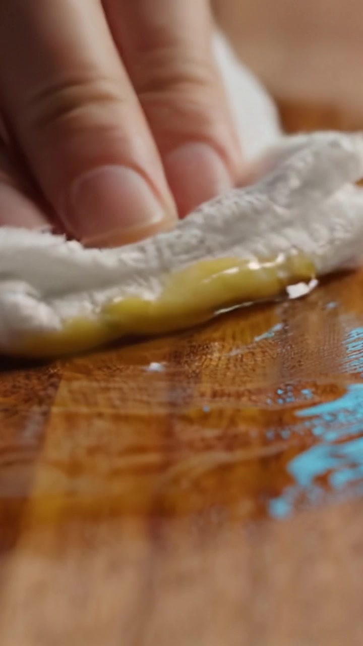 Nahaufnahme einer Hand, die eine Holzoberfläche mit einem Tuch reinigt und einen blauen Flüssigkeitsfleck entfernt, wobei der Reinigungsprozess und die Materialtextur in lebendigen Details gezeigt werden.
