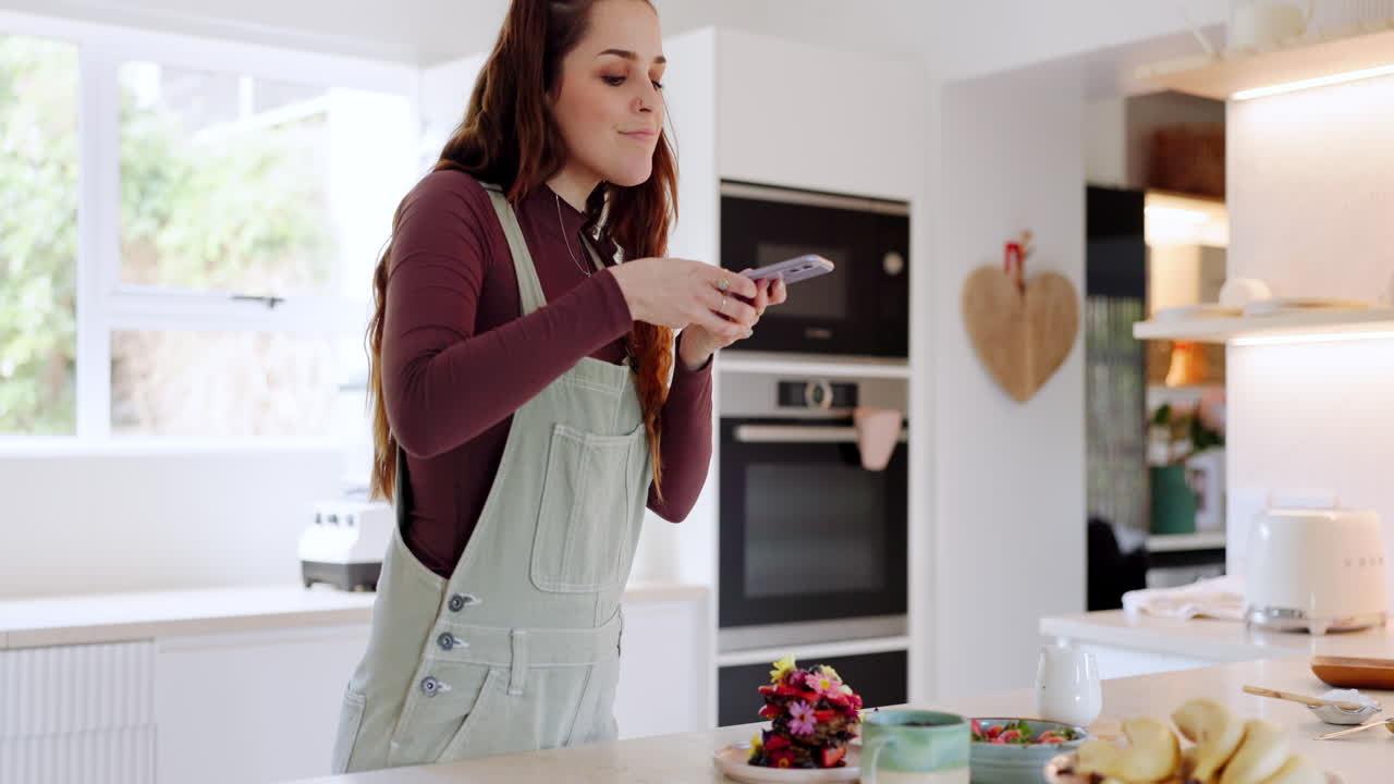 Dessert, foto con telefono e donna in cucina