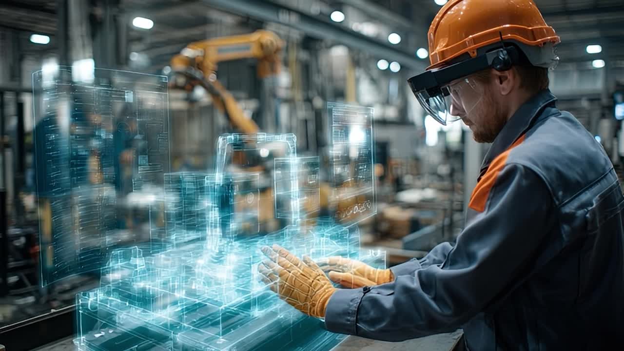 Insinyur menggunakan teknologi augmented reality di fasilitas manufaktur