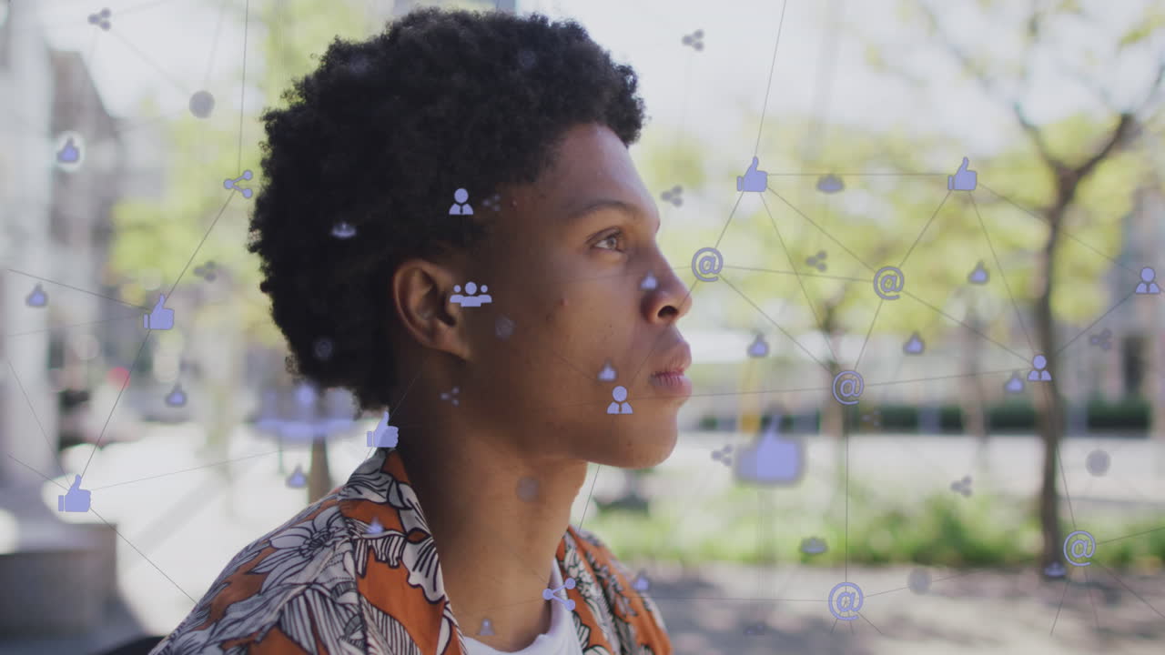 Animation of network of digital icons over african american man drinking coffee on the street