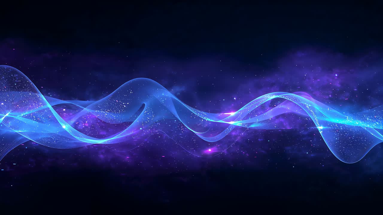 Opening clip with wide cyan ribbon crossing center, ribbons shifting to reveal purple haze, specks