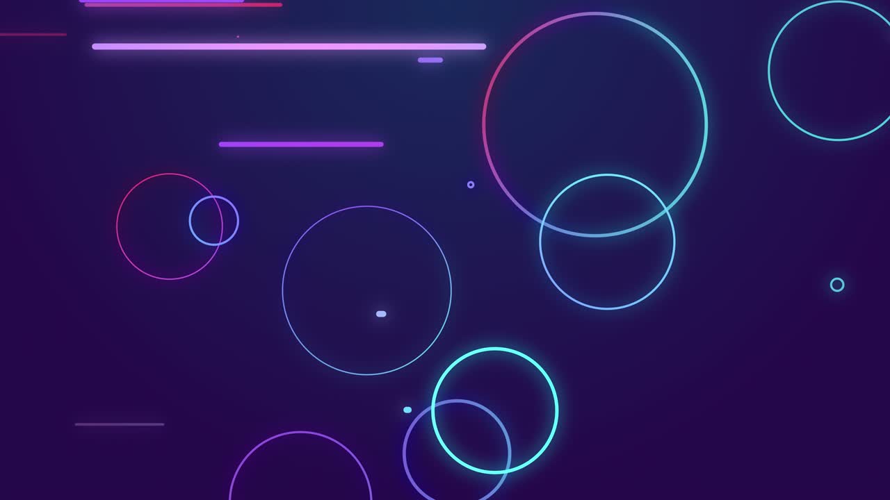 Abstract glowing gradient lines and circles loop animation. Modern background, seamless motion design, screensaver, backdrop. 4k animated poster banner. stripes, splashes and rings neon colors