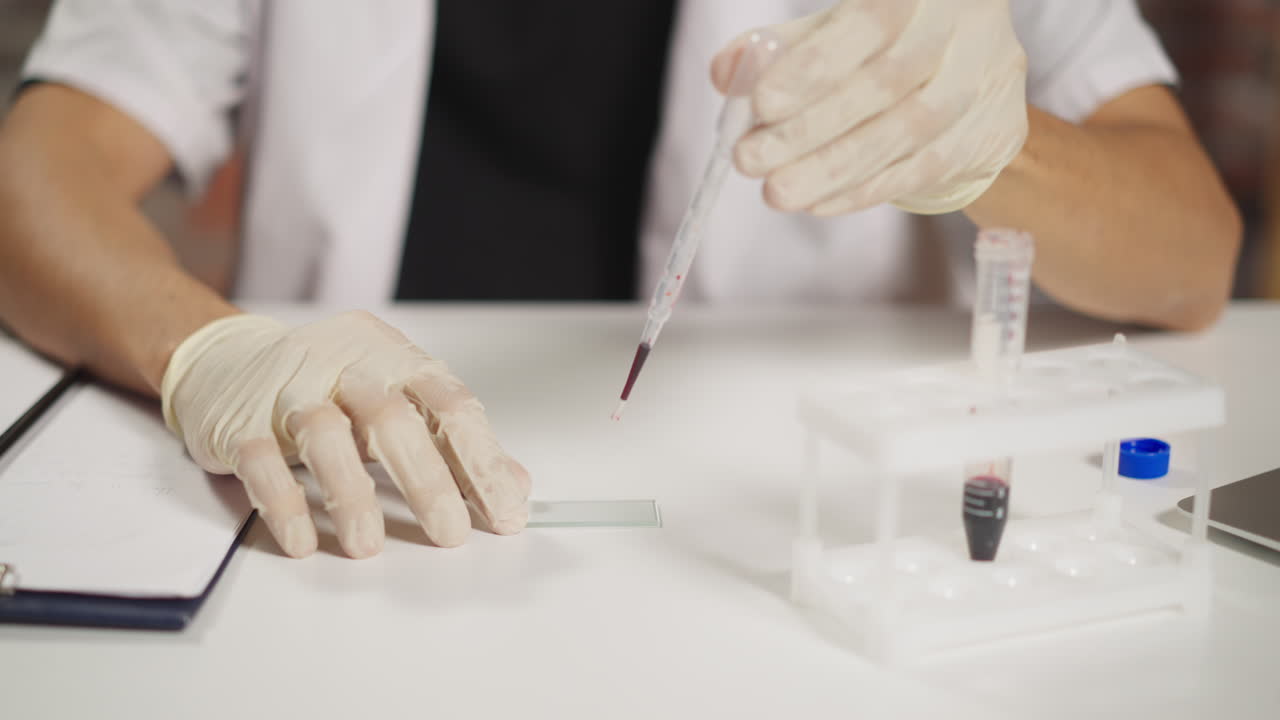 el médico asiático toma sangre y gotea en la cubierta de la clínica.