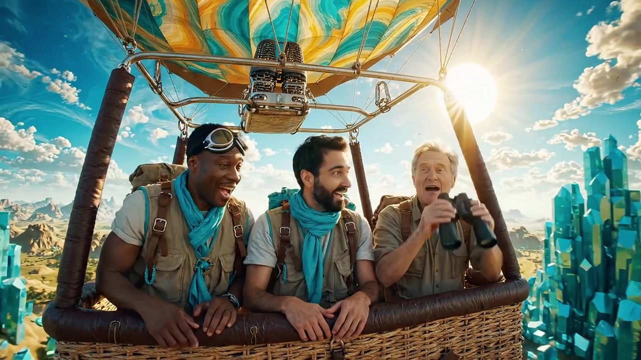Trois amis aventureux s'élèvent au-dessus d'un paysage magnifique dans une montgolfière colorée, profitant d'une vue à couper le souffle sur la beauté de la nature et des cristaux vibrants.