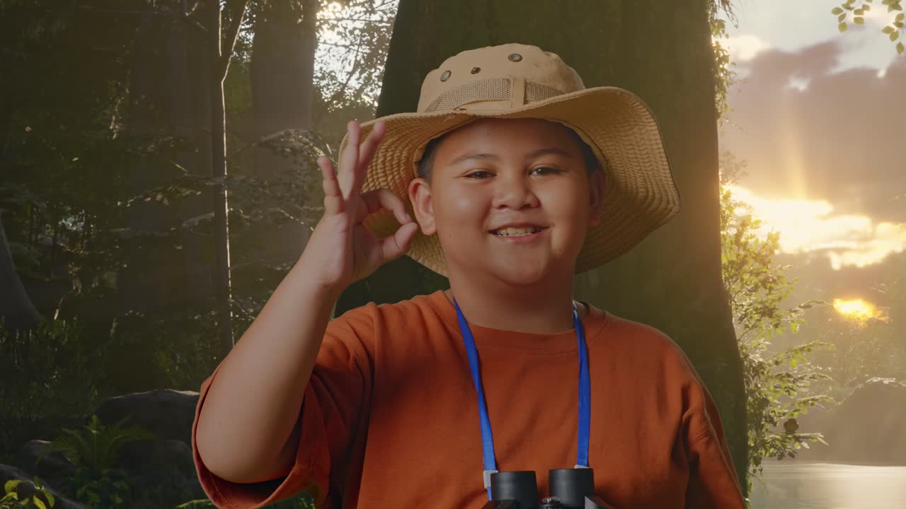 모자를 입은 아시아 소년은 안경을 통해 쳐다본 후 은 몸짓을 보여줍니다. 소년 연구자는 숲의 자연, 여행, 관광, 모험 개념, 근접을 탐구하는 동안 무언가를 조사합니다.