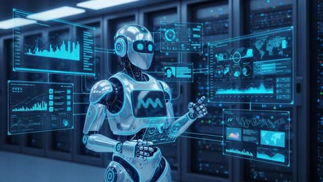 advanced robotic system analyzing data visualizations and graphs in a high-tech data center environment for improved decision-making and automation processes
