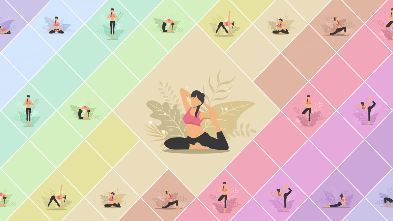 ejercicio de yoga en la naturaleza. colección de personajes de dibujos animados femeninos que demuestran varias posiciones de yoga. colorida animación de bucle plano. relajarse y meditar.