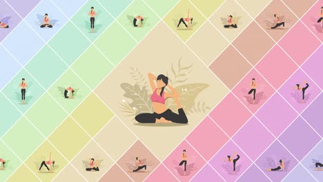 ejercicio de yoga en la naturaleza. colección de personajes de dibujos animados femeninos que demuestran varias posiciones de yoga. colorida animación de bucle plano. relajarse y meditar.