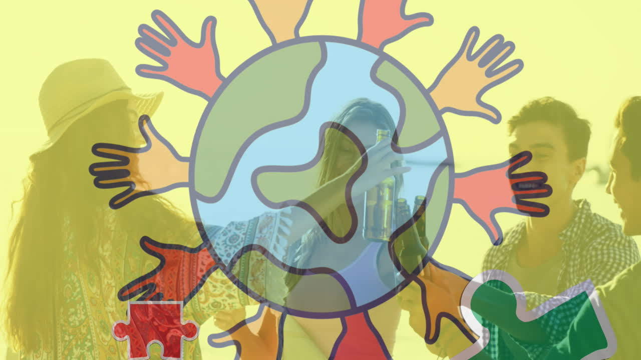 여름 해변 파티에서 행복한 친구들을 손에  ⁇ 고 있는 다채로운 퍼즐 조각과 지구의 애니메이션