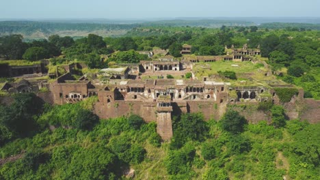 aerial drone shot of a indian fort or palace at narwar , shivpuri , madhya pradesh