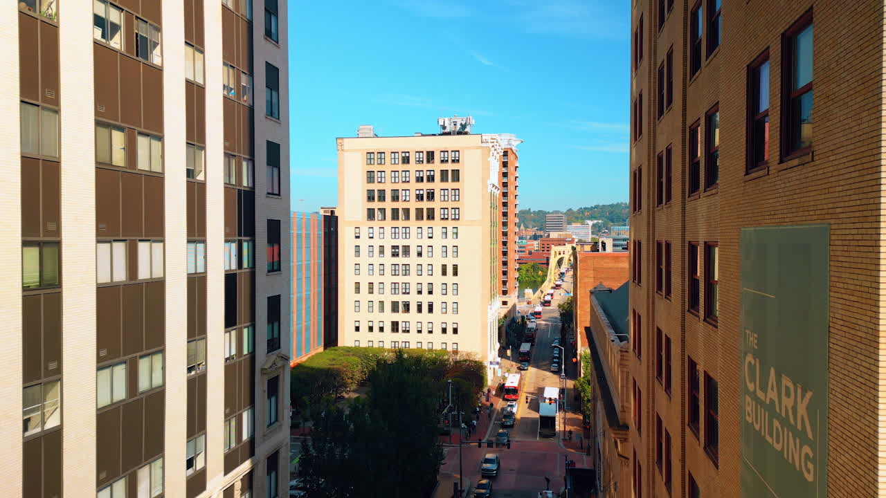 Piyysburgh, USA, 3 August 2025: Street view between tall buildings in Pittsburgh. A city street framed by tall buildings with clear sky in Pittsburgh