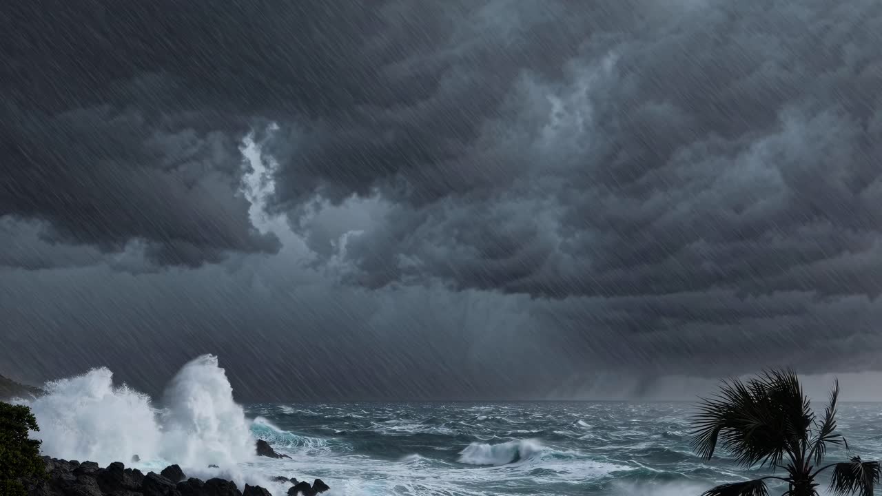 Dramatic seascape video concept with stormy skies and crashing waves