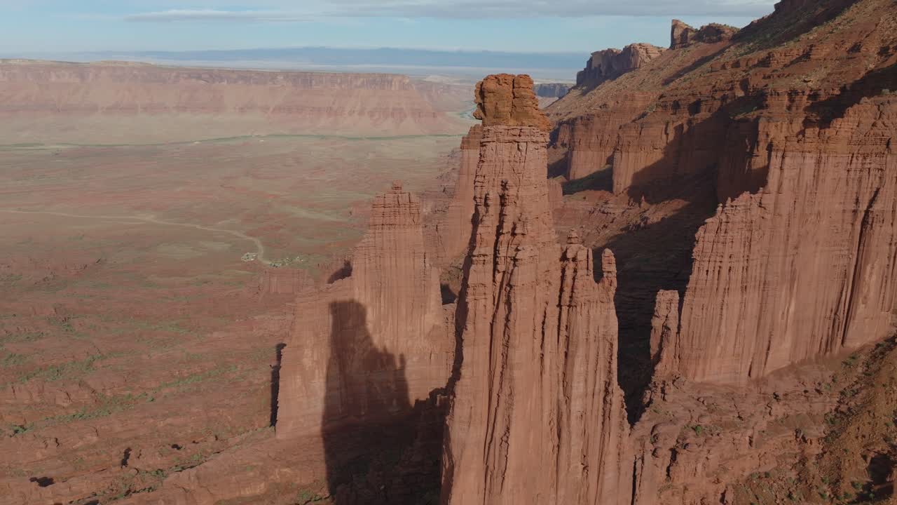 Aerial view of Moab's Fisher Towers highlighting stunning red rock formations