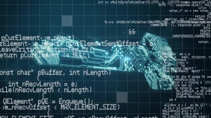 Animation of glowing key network and data processing on dark interface screen