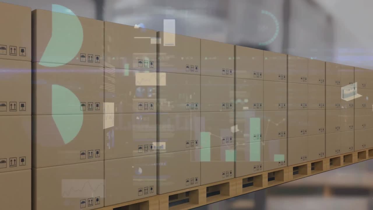 컨베이어 벨트에 있는 카드본 상자 위에서 통계와 데이터 처리의 애니메이션