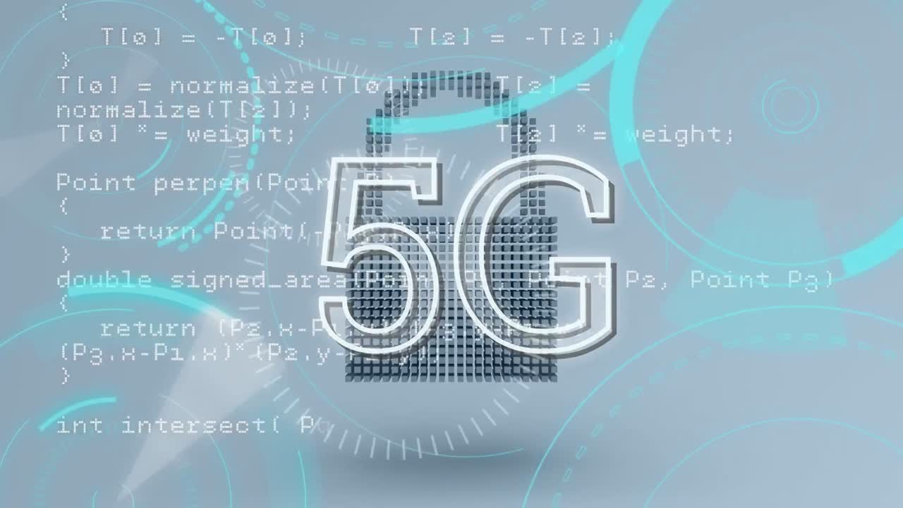 iconos y un 5g escrito en el medio de un círculo futurista con códigos de programa en el fondo.