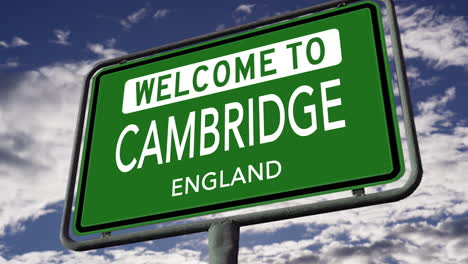 welcome to cambridge, england, uk city road sign, realistic 3d animation