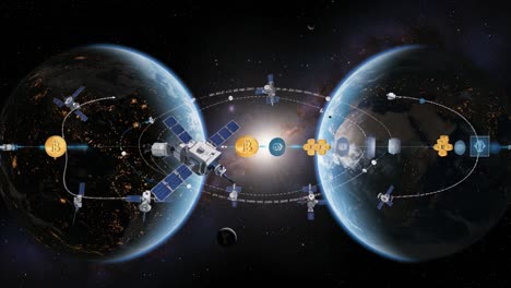 interconnected space network illustrating cryptocurrency performance and satellite technology between two planets in a digital cosmos environment