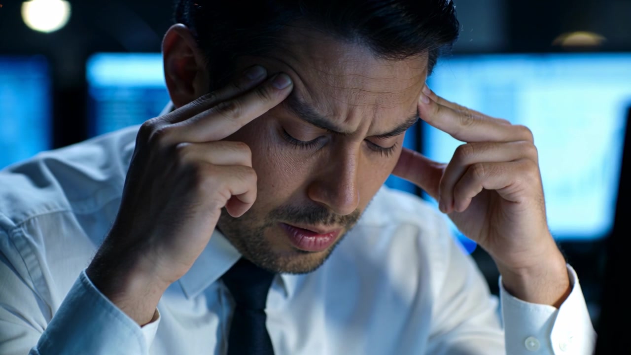 Pressing temples, man in white shirt and dark tie responding to blue monitor data at workstation