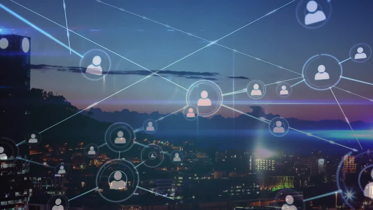 animación de la red de conexiones sobre el paisaje urbano