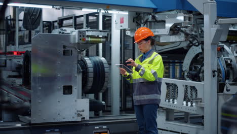 Supervisor-holding-tablet-with-transparent-glass-screen-on-modern-factory.