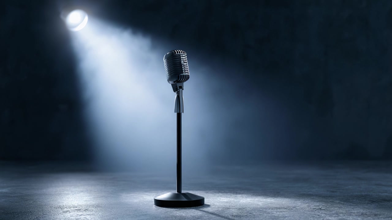 A Classic Microphone Standing Alone in a Spotlight, Evoking the Essence of Performance Art and the Anticipation of Creativity on Stage