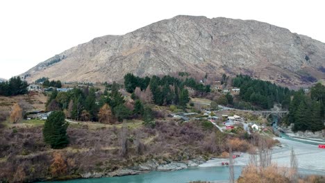 aerial shot of queenstown hill from skippers canyon and shotover river in queenstown, central otago, new zealand