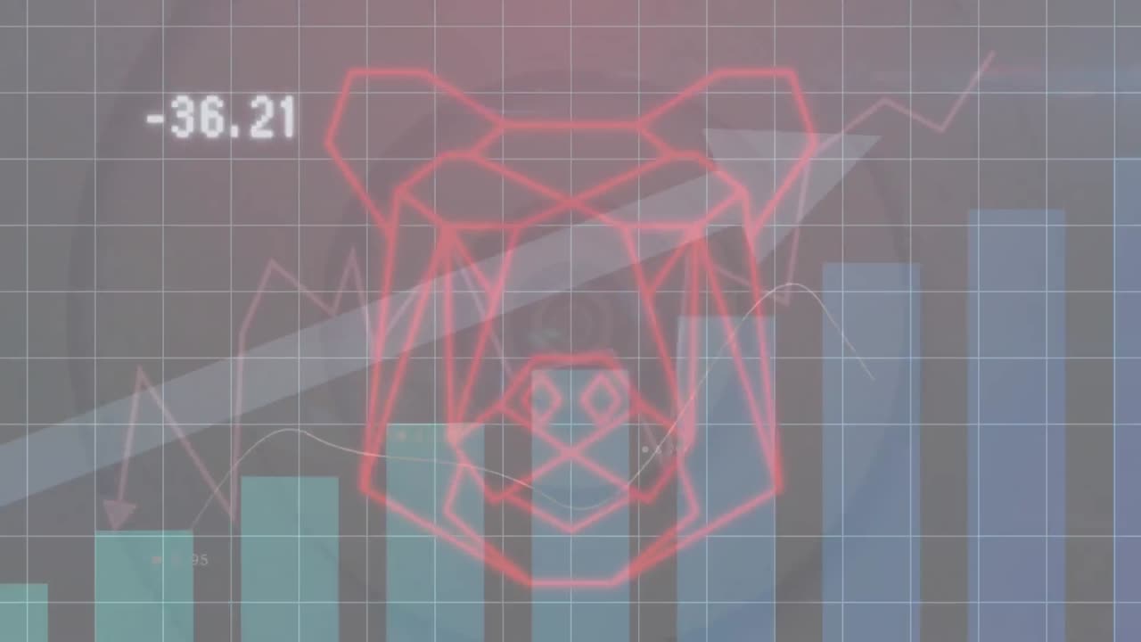 animación del procesamiento de datos estadísticos contra el icono abstracto de la cara del oso y los círculos concéntricos