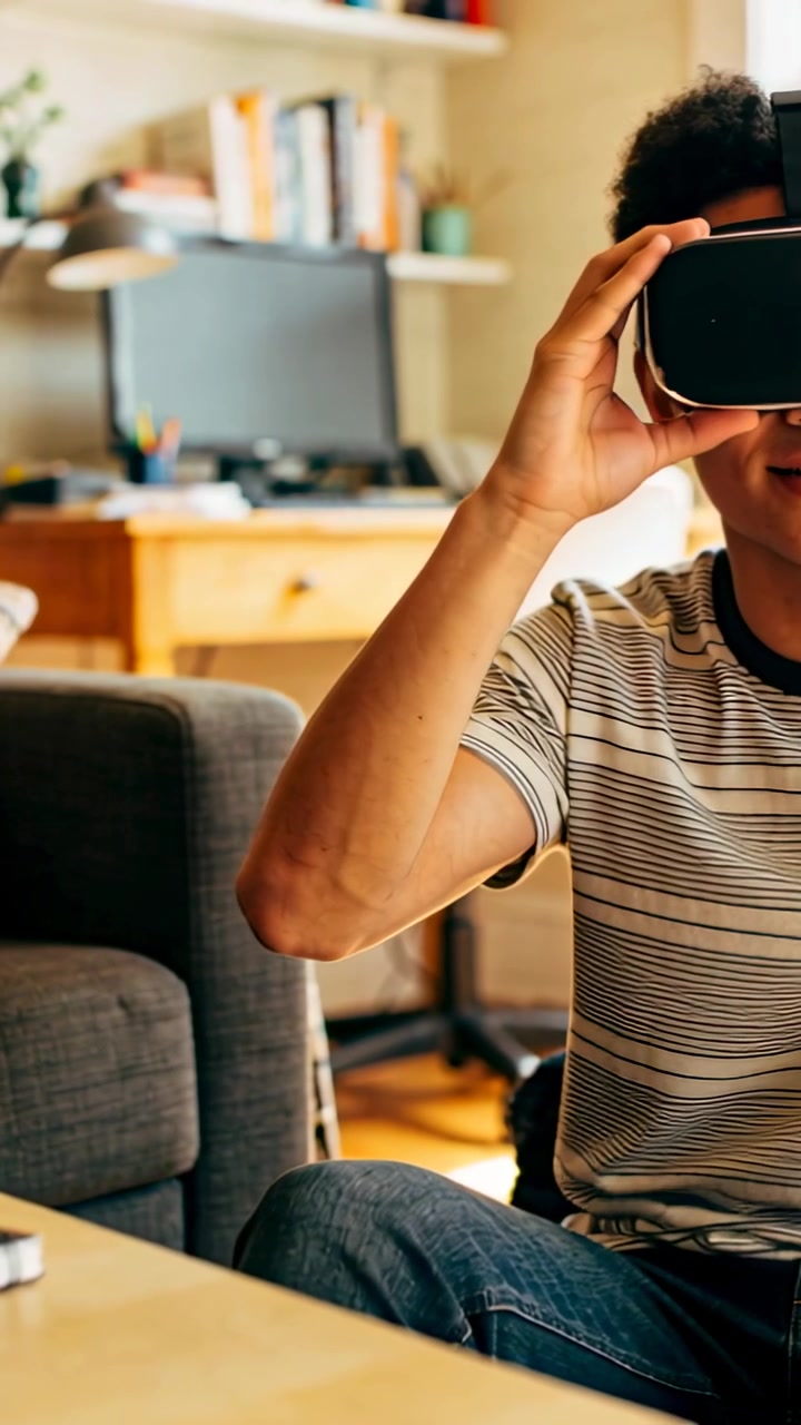 Video verticale: Adolescente con maglietta a righe che indossa un visore, ne regola la vestibilità a casa ed esplora la realtà virtuale.