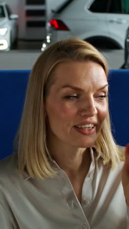 business woman talking on phone and drinking coffee at car dealership