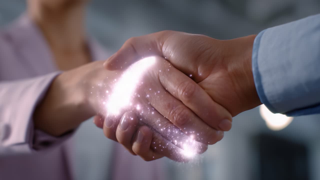 A magical handshake symbolizes collaboration and connection between two professionals, blending reality with a whimsical touch of sparkling energy