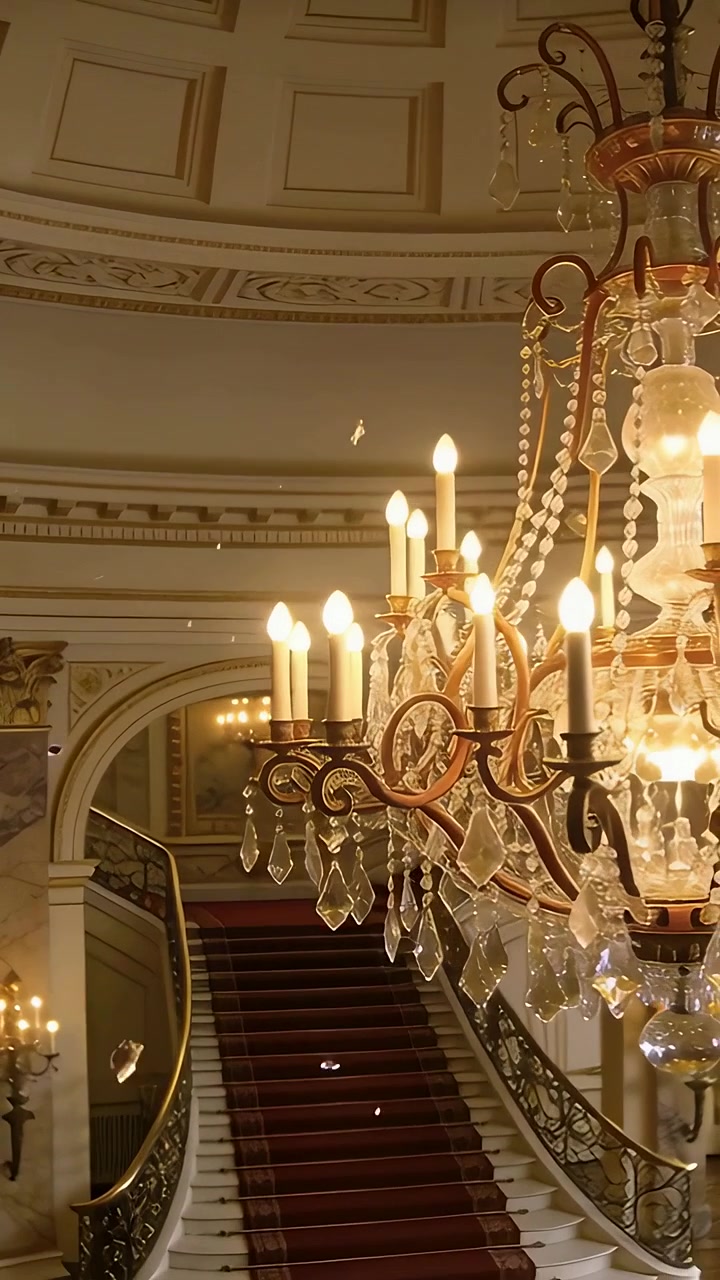 Video verticale: Panoramica a mano libera che rivela un lampadario scintillante nell'atrio, mostrando scale rosse.